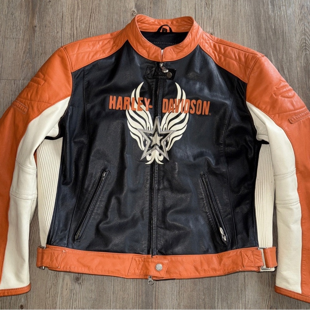 Harley Davidson Women’s Leather Jacket Size L Black/Orange/Ivory Riding Biker